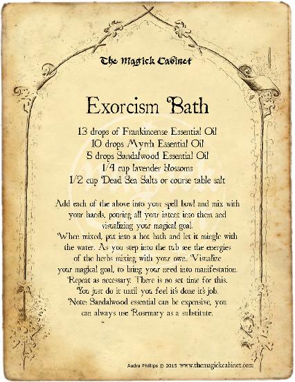 Exorcism Bath Spell from The Magick Cabinet Book of Shadows full of spells and rituals for your own personal use. Blessed Be Witches. Wicca Spells
