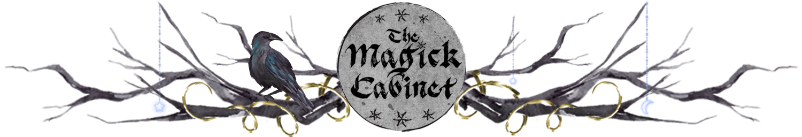 The Magick Cabinet logo looks like a full moon surrounded by branches. In the branches sits a raven.